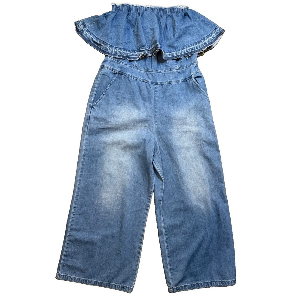Umgee Denim Jumpsuit Womens Sz L Strapless Ruffle Wide Leg Boho Western NWT